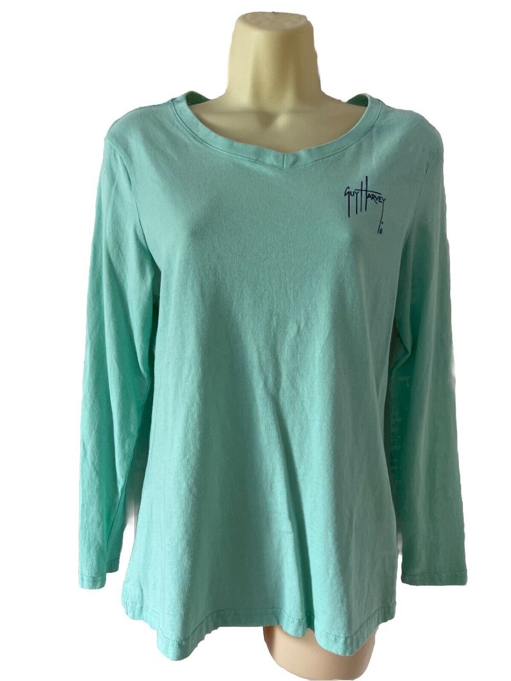 Guy Harvey Aqua Long Sleeve V-Neck T-Shirt Tropical Graphic Woman’s Size Small